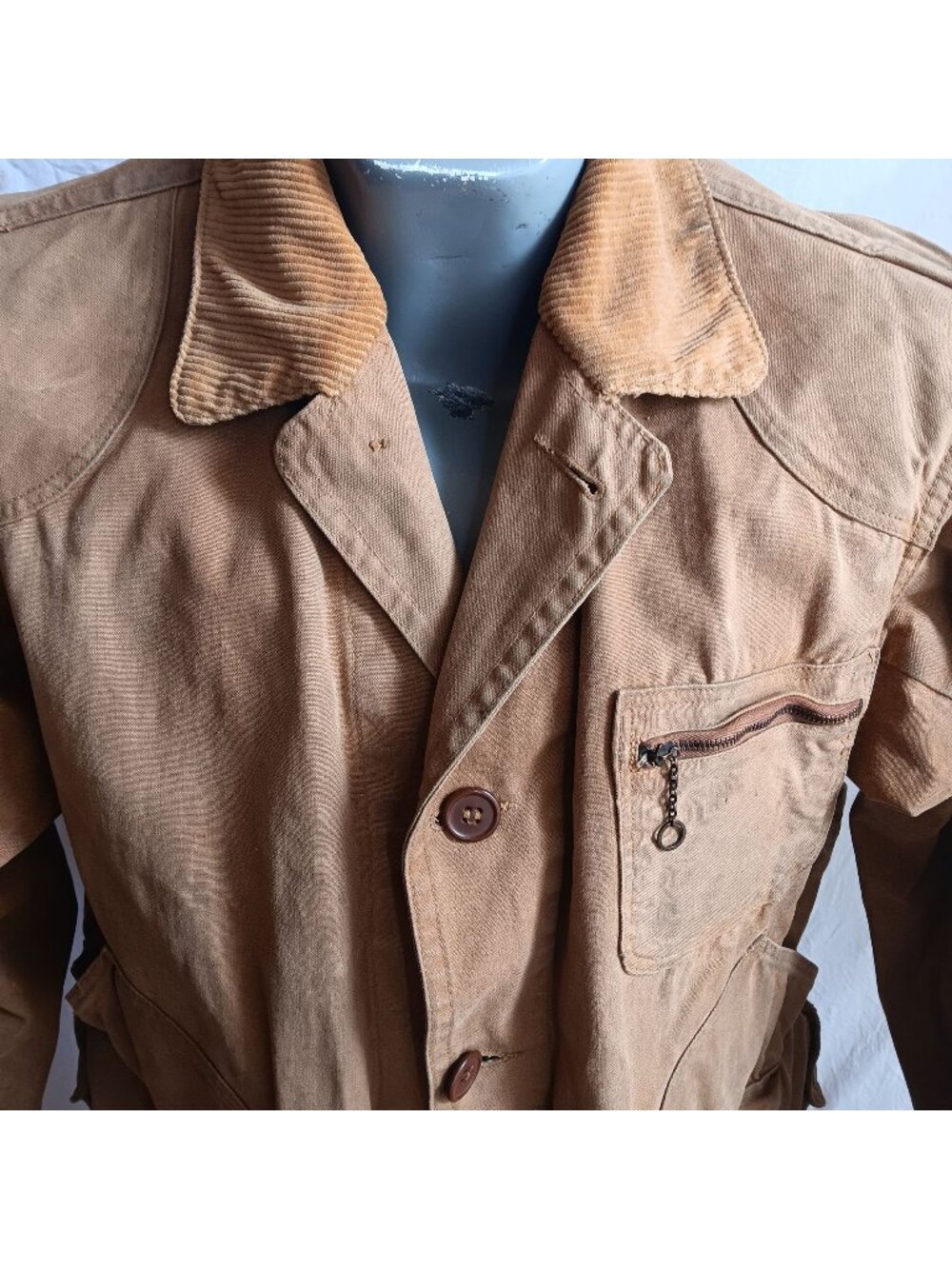 Large Vintage 1950s Tin Cloth Corduroy Collar Hunting Jacket With Shell Pockets